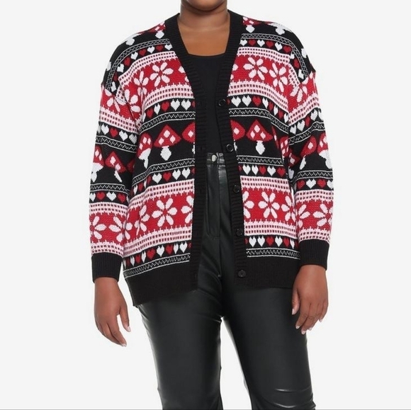 Hot Topic Mushrooms & Hearts Fair Isle  Cardigan Sweater L - Picture 3 of 7